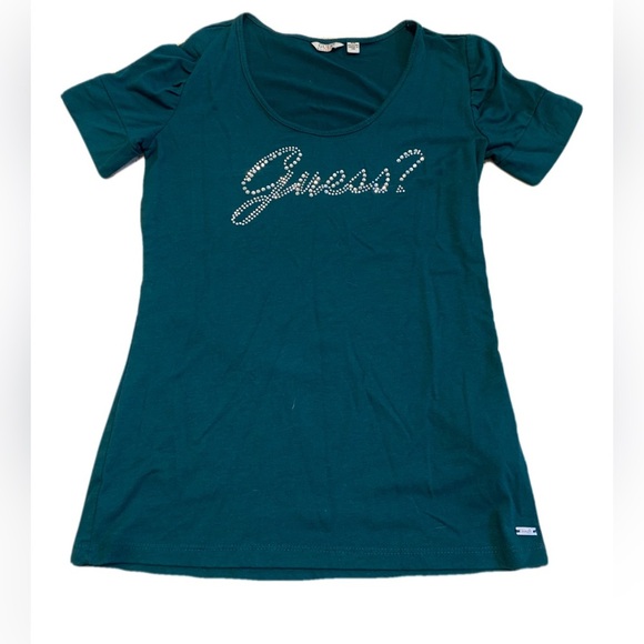 Y2K Vintage Guess Rhinestone Embellished T-Shirt Top - Dark Green M/M - Picture 1 of 6